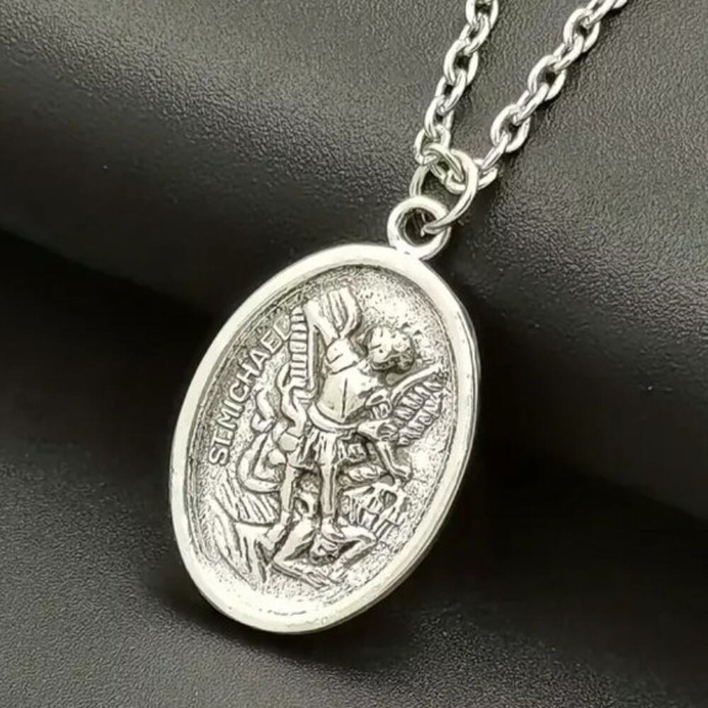 Archangel Saint Michael & Dragon Two Sided Faith Necklace 22 in. 925 Chain